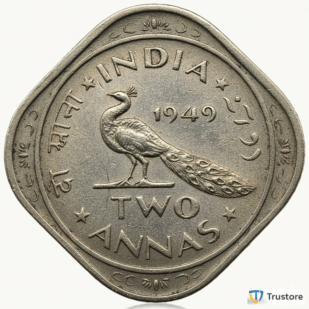     			✨ Rare 2 Anna 1949 ✨ Seated Peacock ⭐ India Old Coin ⭐ EX- Rare | Trustore Exclusive ⭐