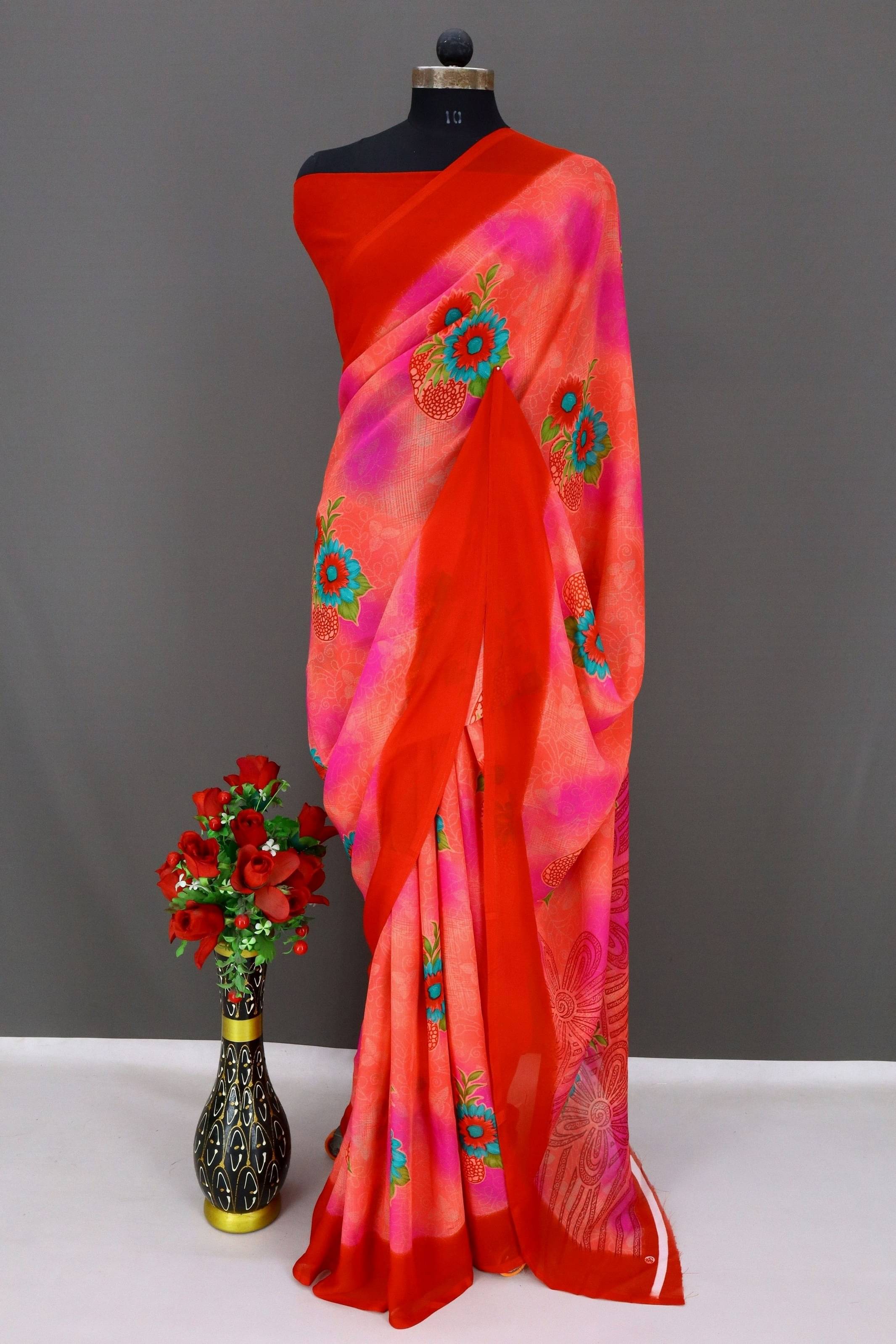     			Rekha Maniyar Georgette Printed Regular Saree With Unstitched Blouse Piece ( Red )