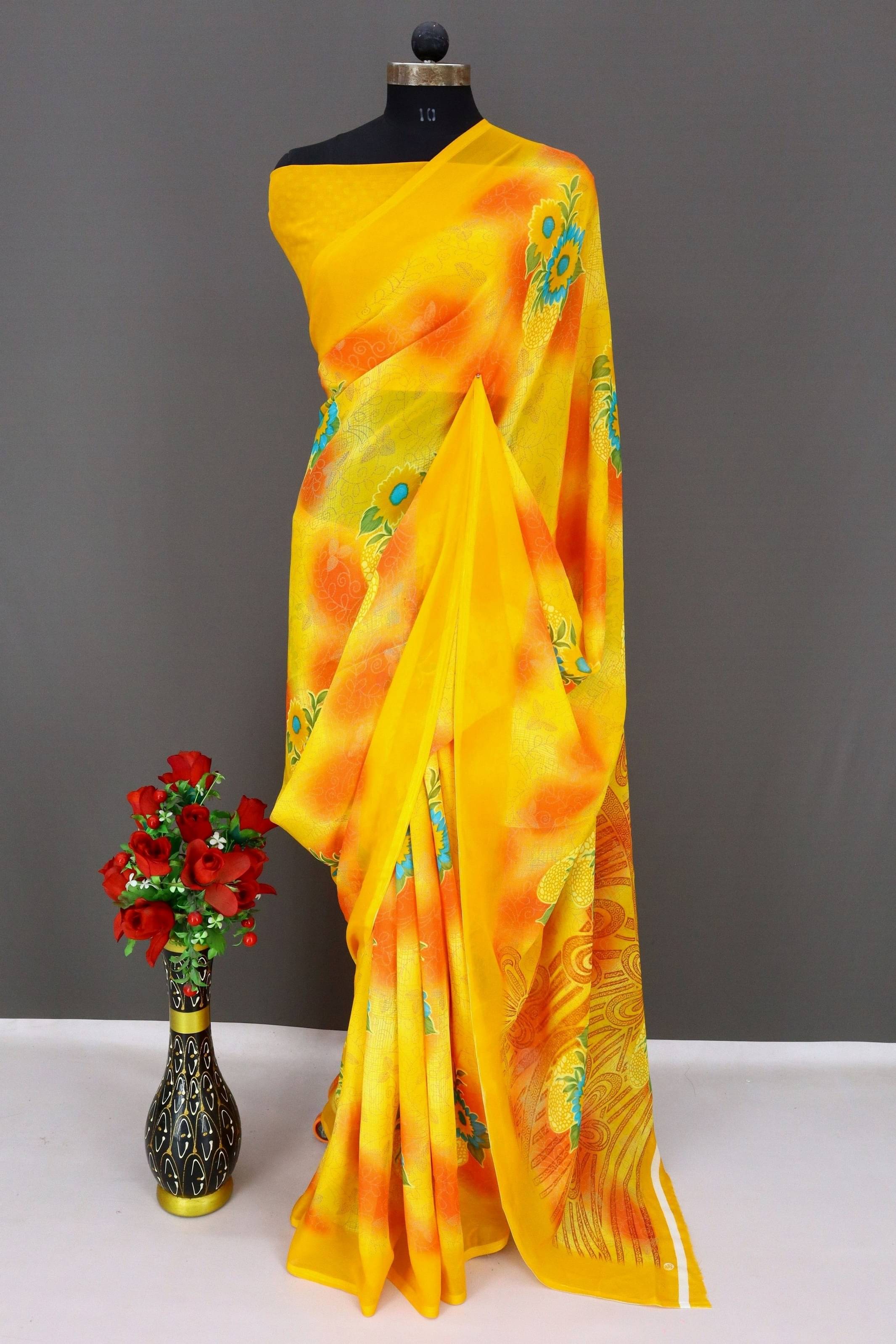     			Rekha Maniyar Georgette Printed Regular Saree With Unstitched Blouse Piece ( Yellow )
