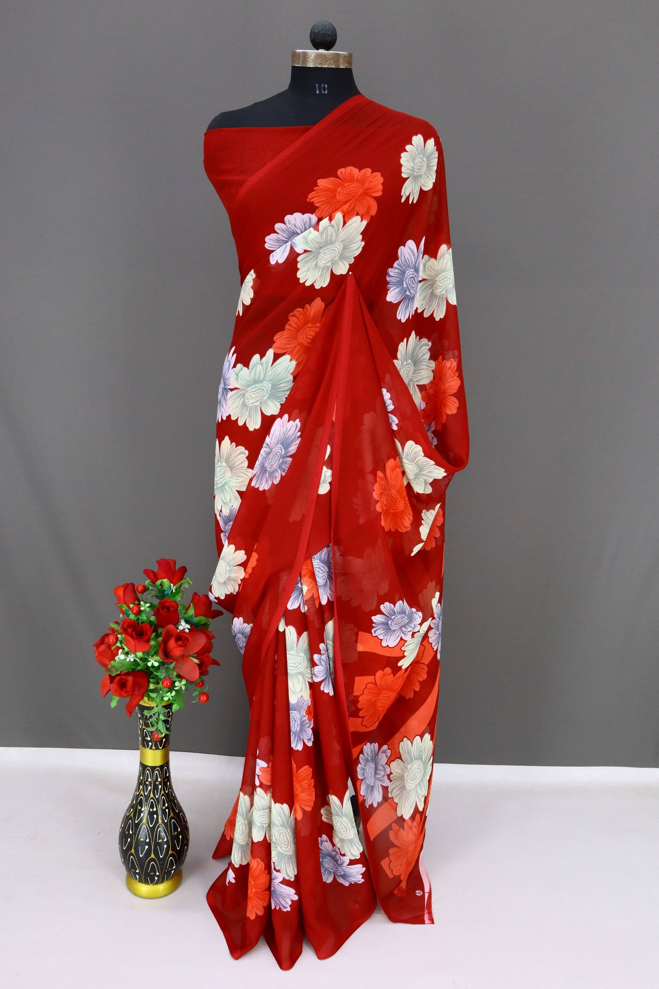     			Rekha Maniyar Georgette Printed Regular Saree With Unstitched Blouse Piece ( Red )