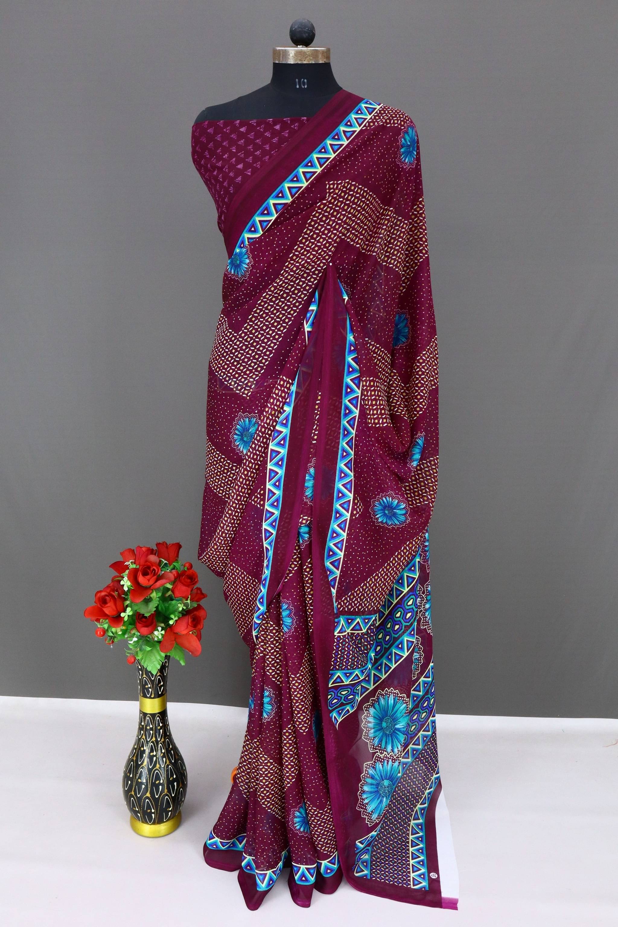     			Rekha Maniyar Georgette Printed Regular Saree With Unstitched Blouse Piece ( Wine )