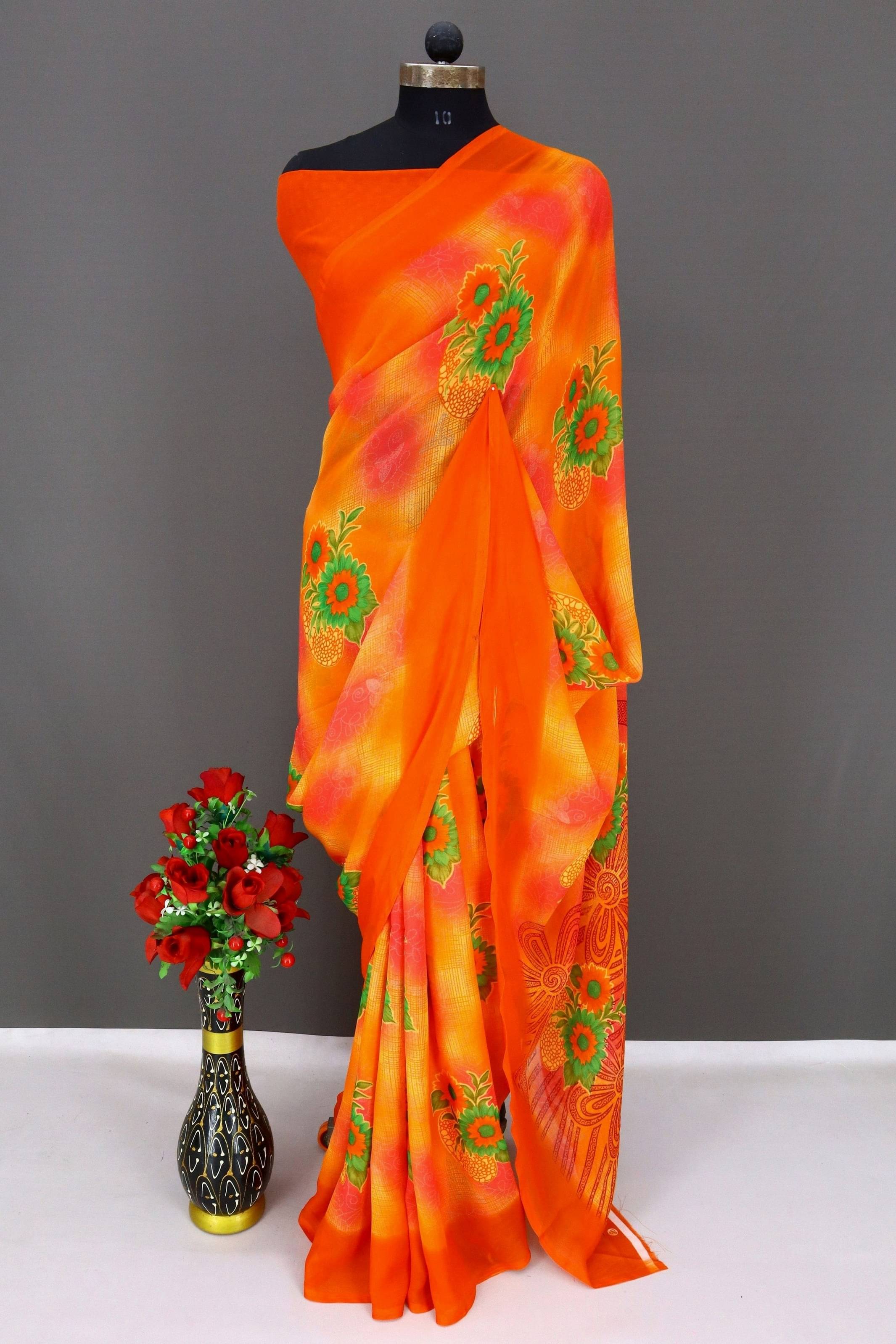     			Rekha Maniyar Georgette Printed Regular Saree With Unstitched Blouse Piece ( Orange )