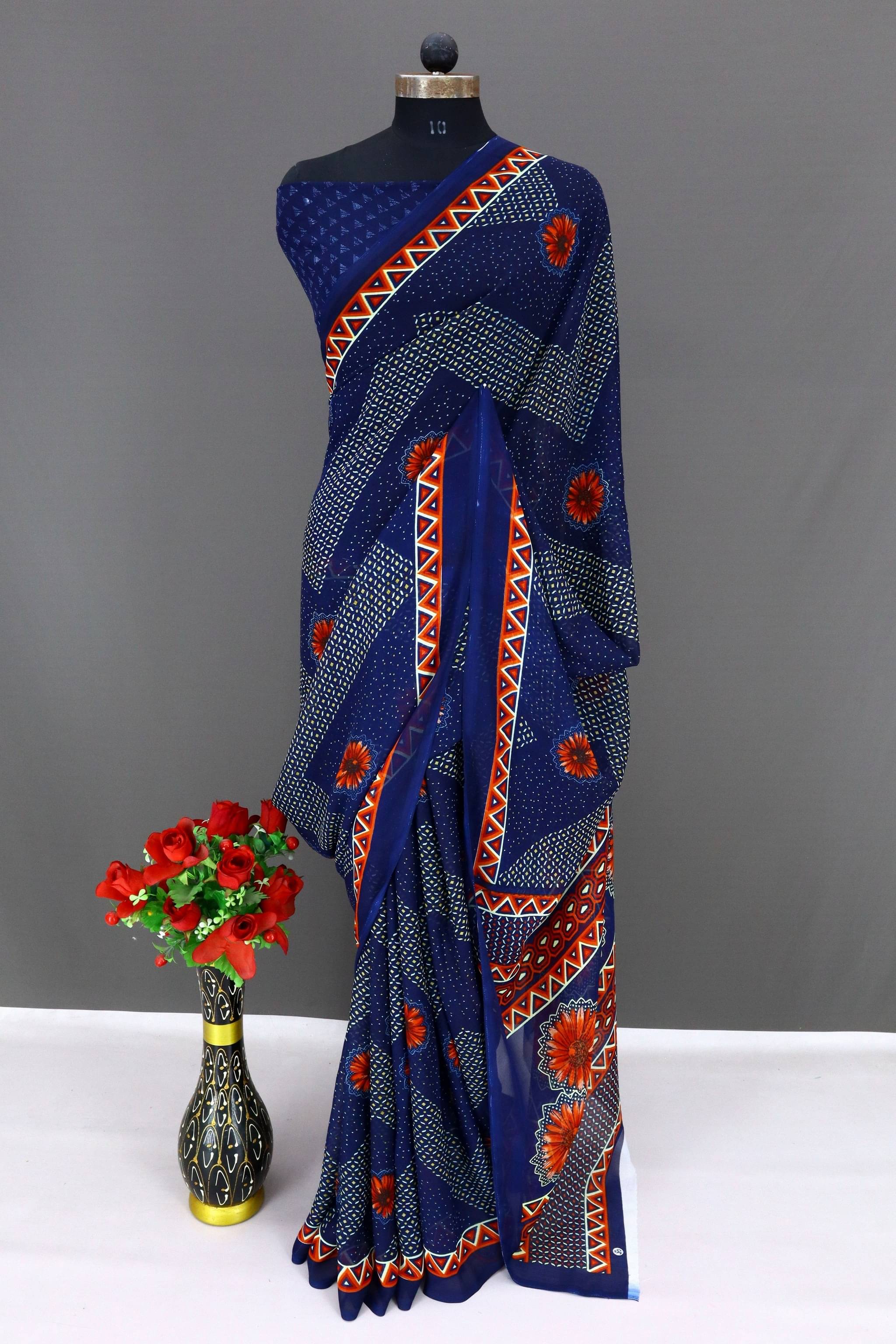     			Rekha Maniyar Georgette Printed Regular Saree With Unstitched Blouse Piece ( Blue )