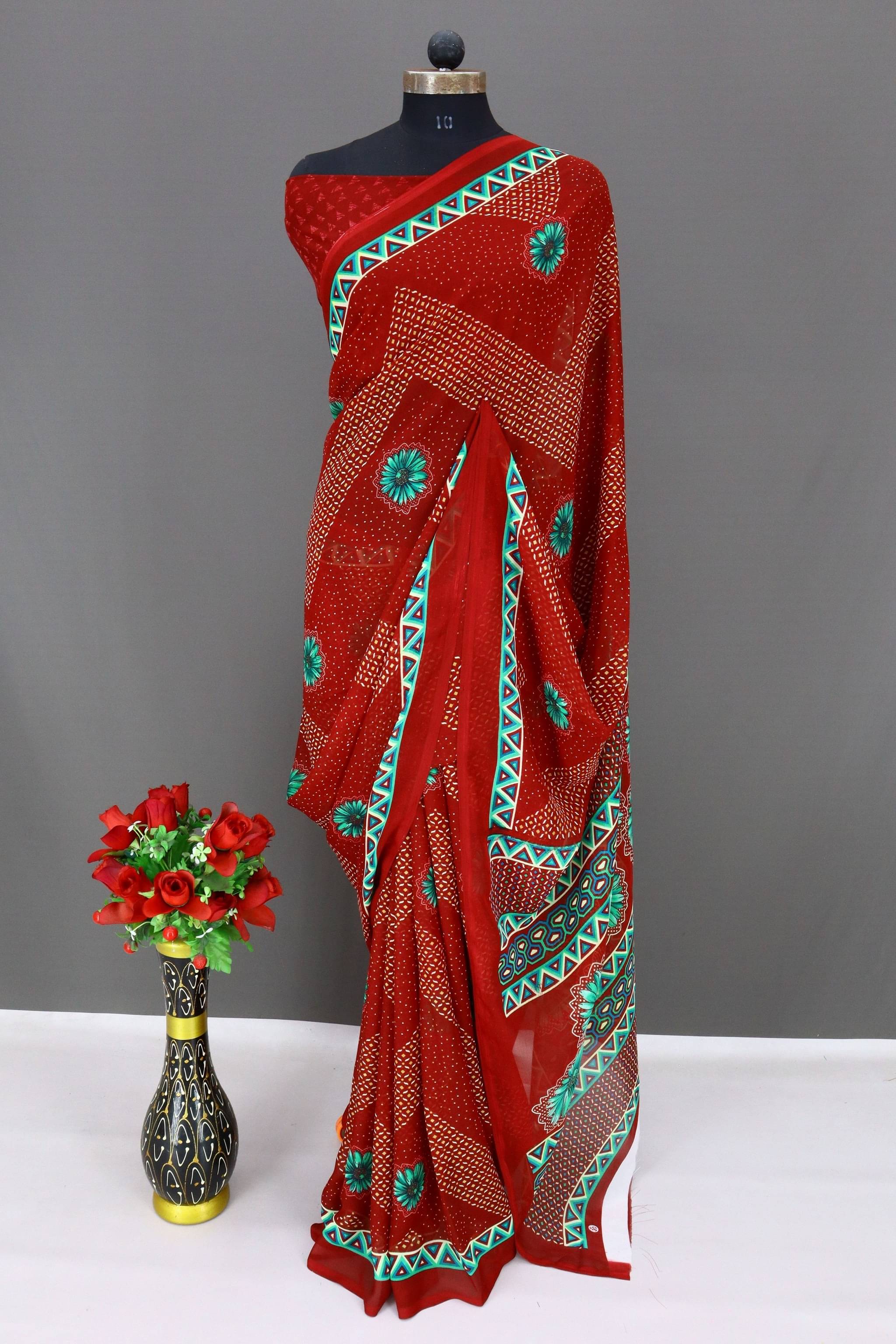     			Rekha Maniyar Georgette Printed Regular Saree With Unstitched Blouse Piece ( Red )