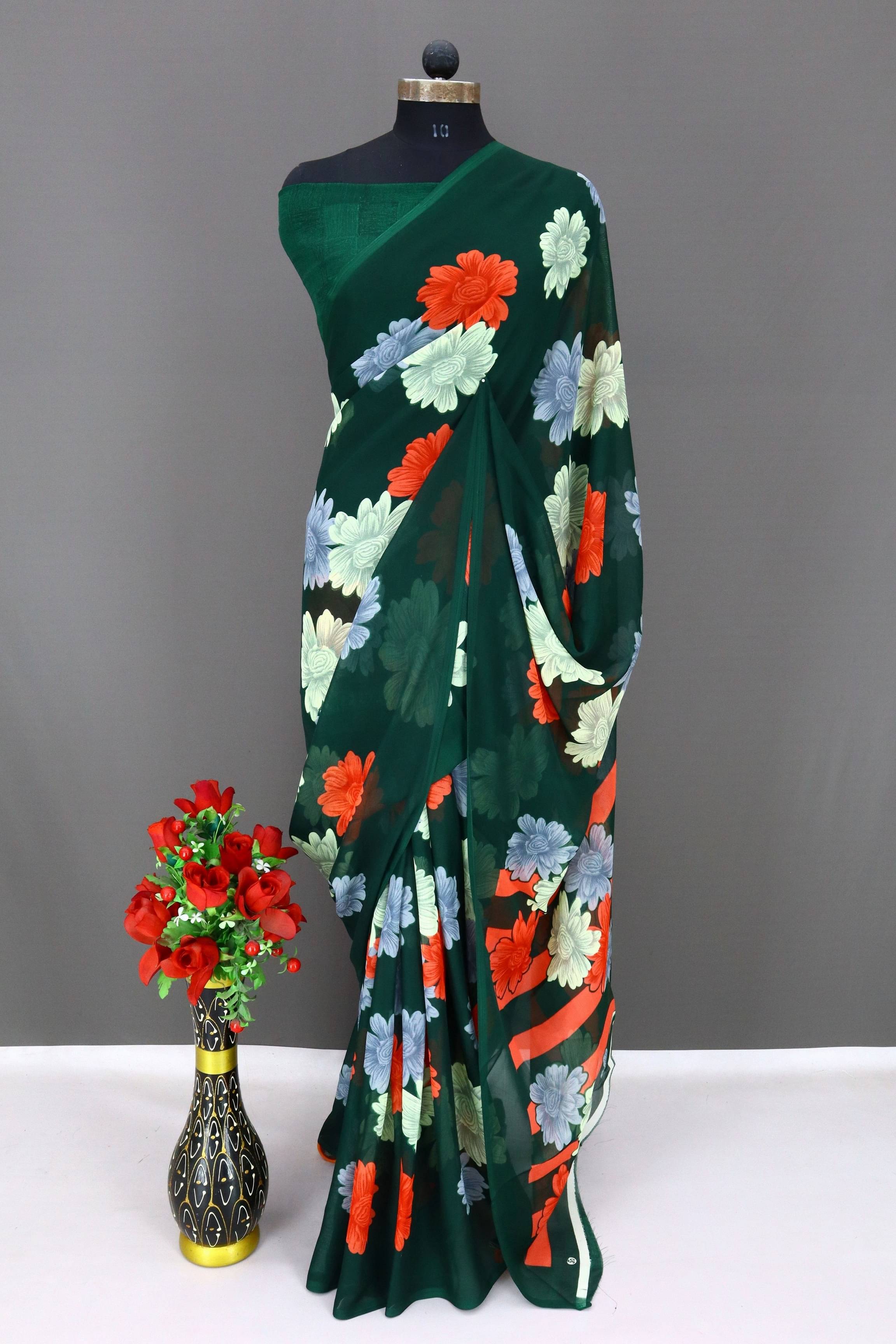     			Rekha Maniyar Georgette Printed Regular Saree With Unstitched Blouse Piece ( Green )