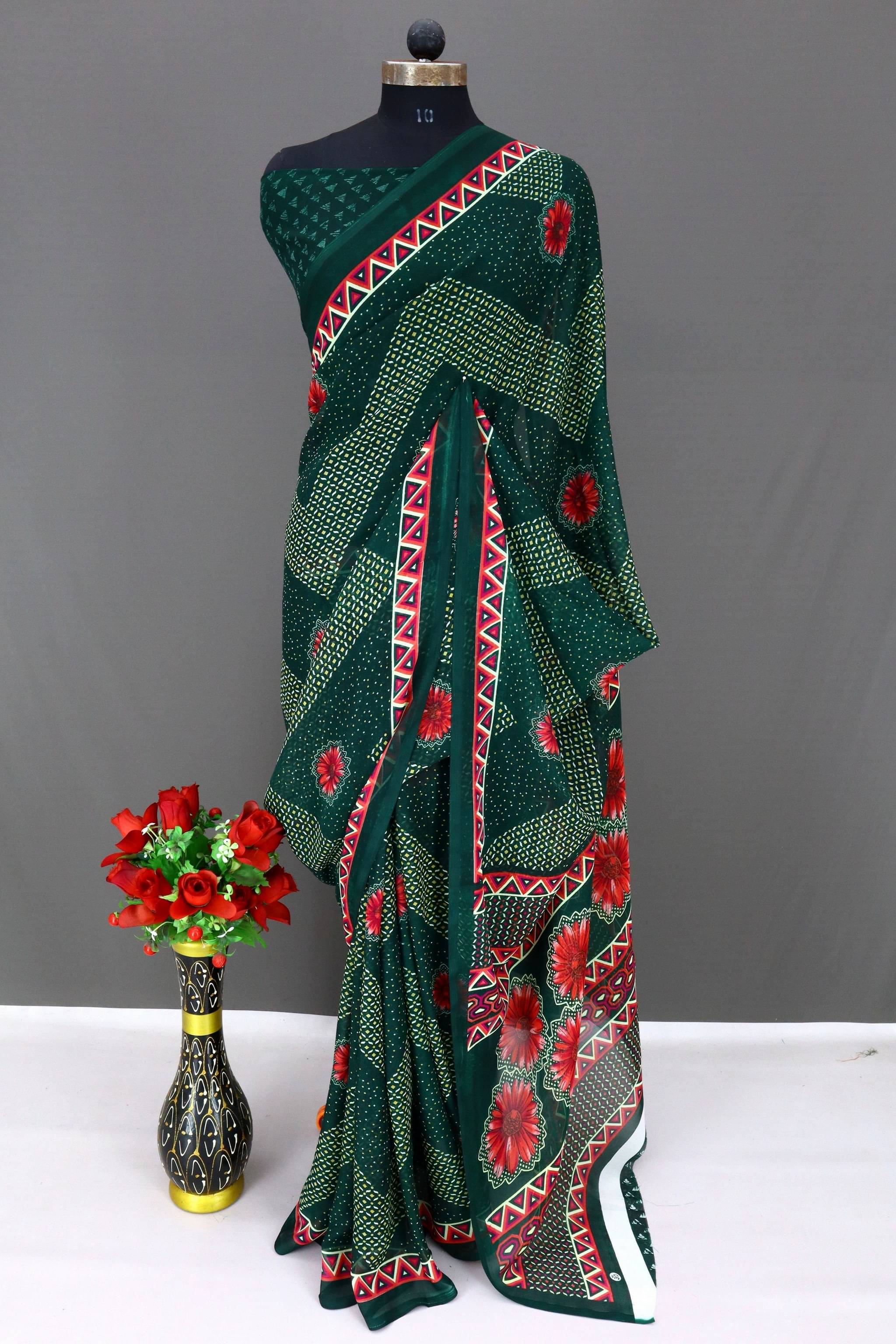 Rekha Maniyar Georgette Printed Regular Saree With Unstitched Blouse Piece ( Green ) Rekha Maniyar Georgette Printed Regular Saree With Unstitched Blouse Piece ( Green )