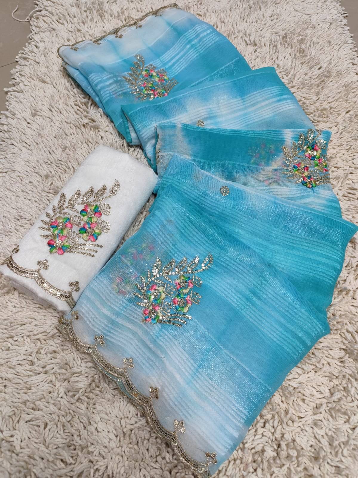     			Sareez House Chiffon Embroidered Regular Saree With Unstitched Blouse Piece ( Turquoise )