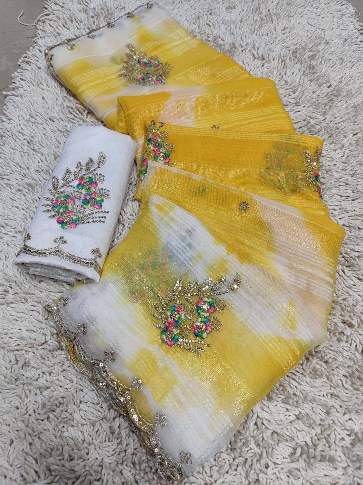 Sareez House Chiffon Embroidered Regular Saree With Unstitched Blouse Piece ( Yellow ) Sareez House Chiffon Embroidered Regular Saree With Unstitched Blouse Piece ( Yellow )