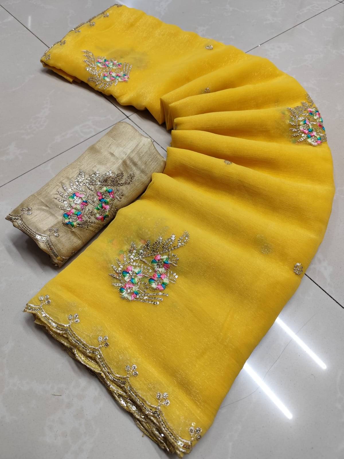 Sareez House Chiffon Embroidered Regular Saree With Unstitched Blouse Piece ( Yellow ) Sareez House Chiffon Embroidered Regular Saree With Unstitched Blouse Piece ( Yellow )