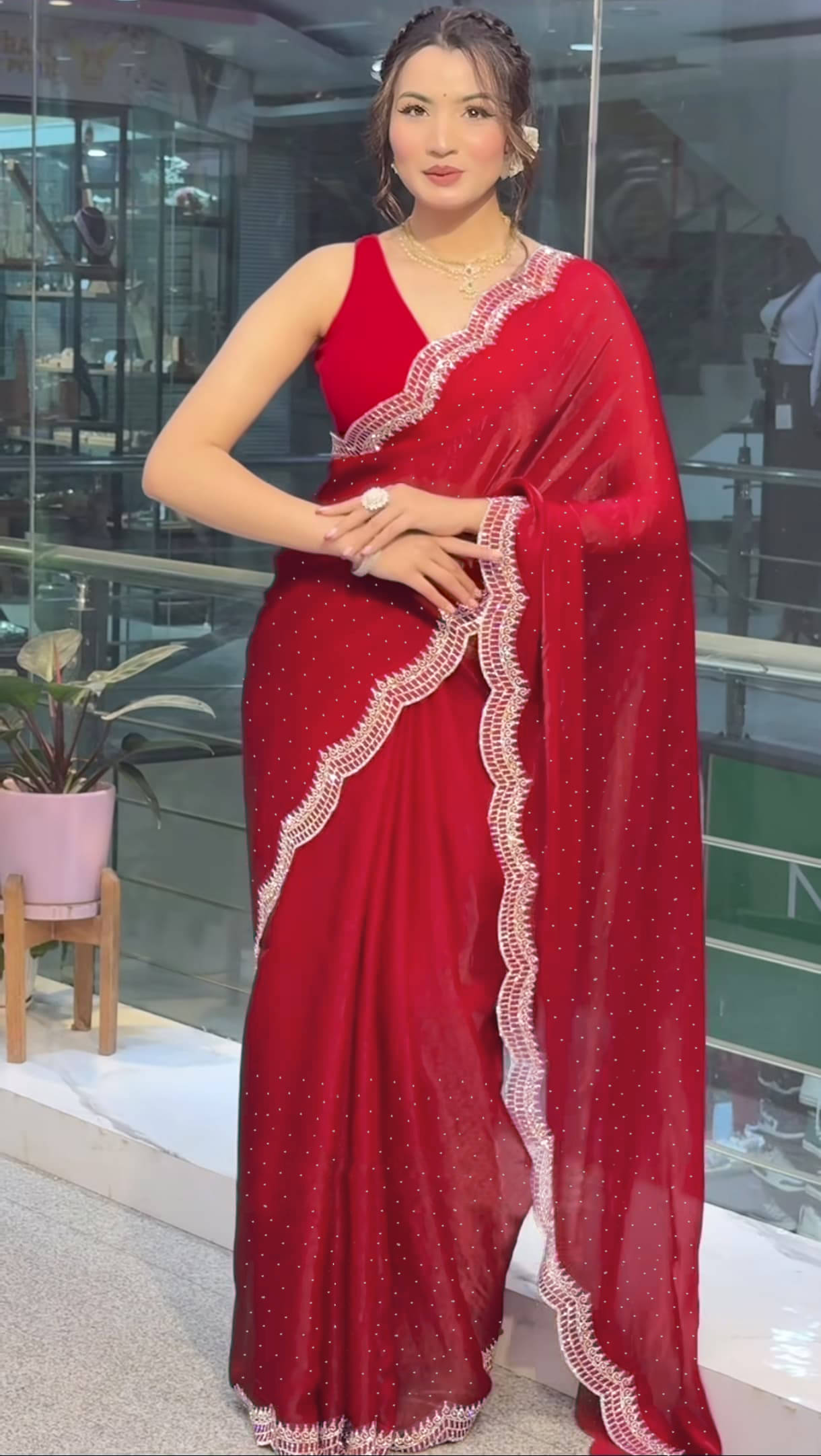 Sareez House Jimmy Choo Solid Regular Saree With Unstitched Blouse Piece ( Red ) Sareez House Jimmy Choo Solid Regular Saree With Unstitched Blouse Piece ( Red )