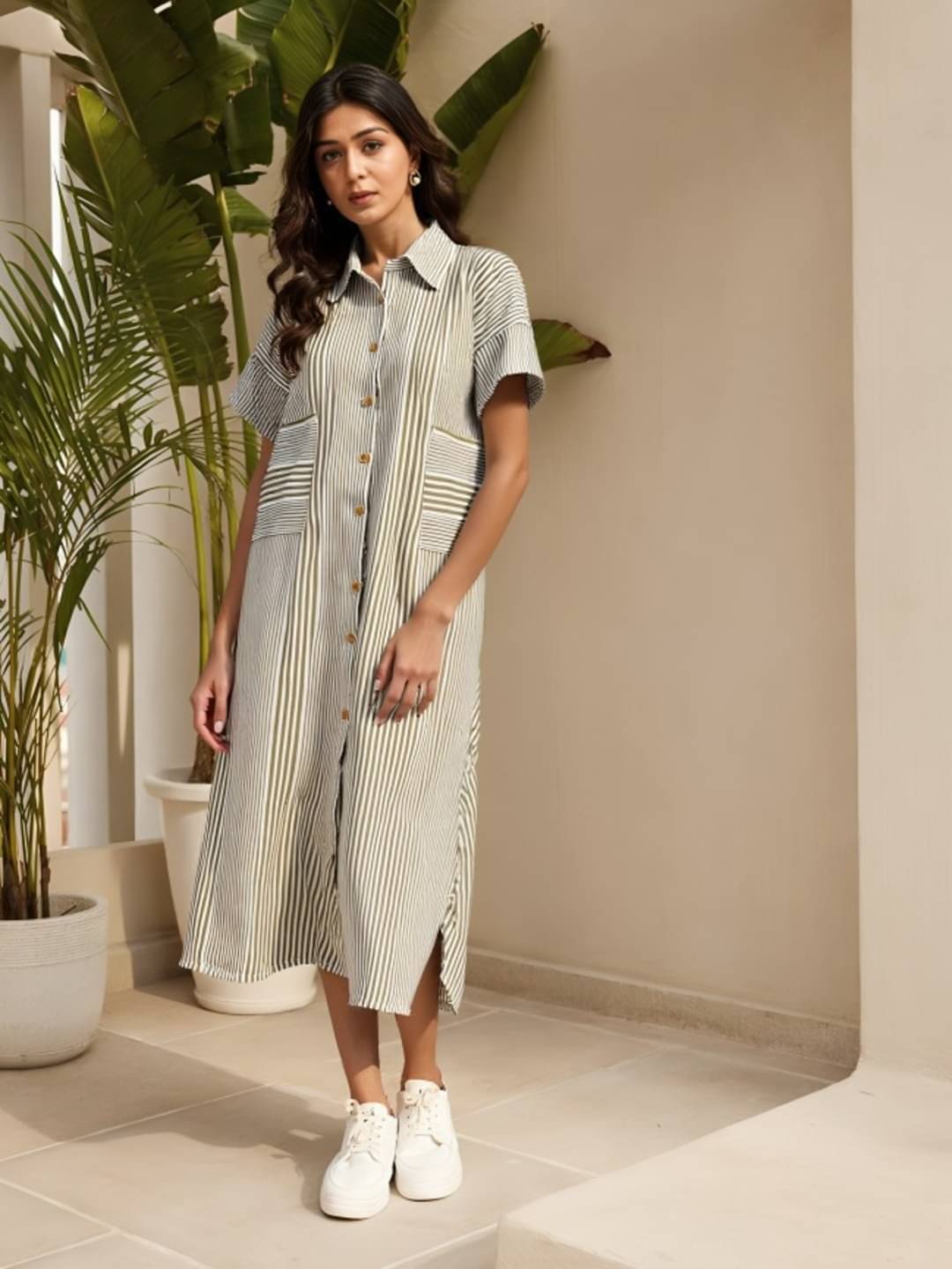     			THECLASSICTOGS Women Cotton Blend Striped Shirt Dress ( Grey )