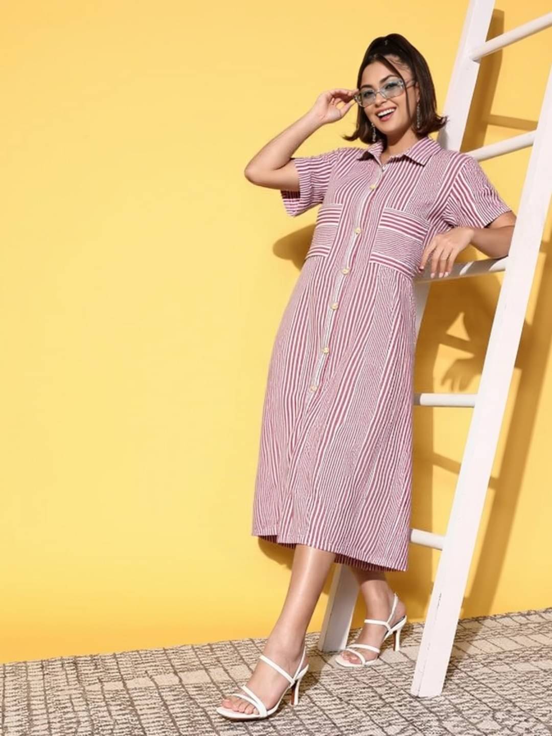     			THECLASSICTOGS Women Cotton Blend Striped Shirt Dress ( Pink )