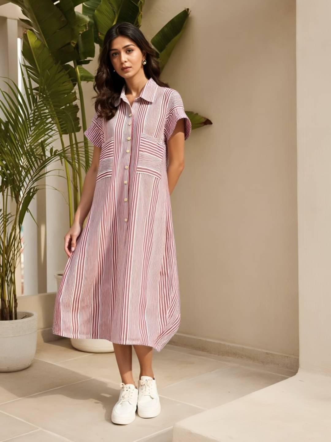     			THECLASSICTOGS Women Cotton Blend Striped Shirt Dress ( Pink )
