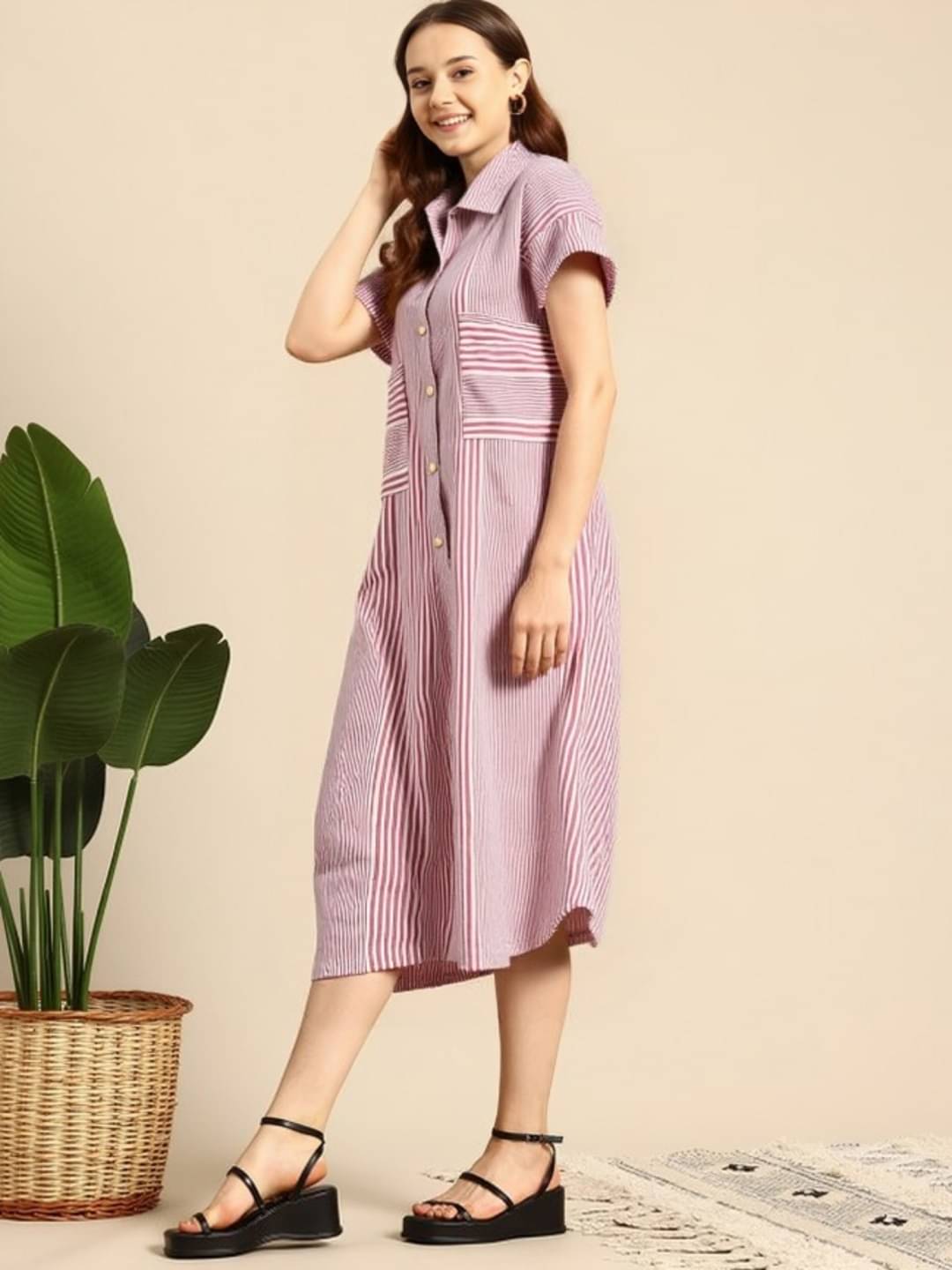     			THECLASSICTOGS Women Cotton Blend Striped Shirt Dress ( Pink )
