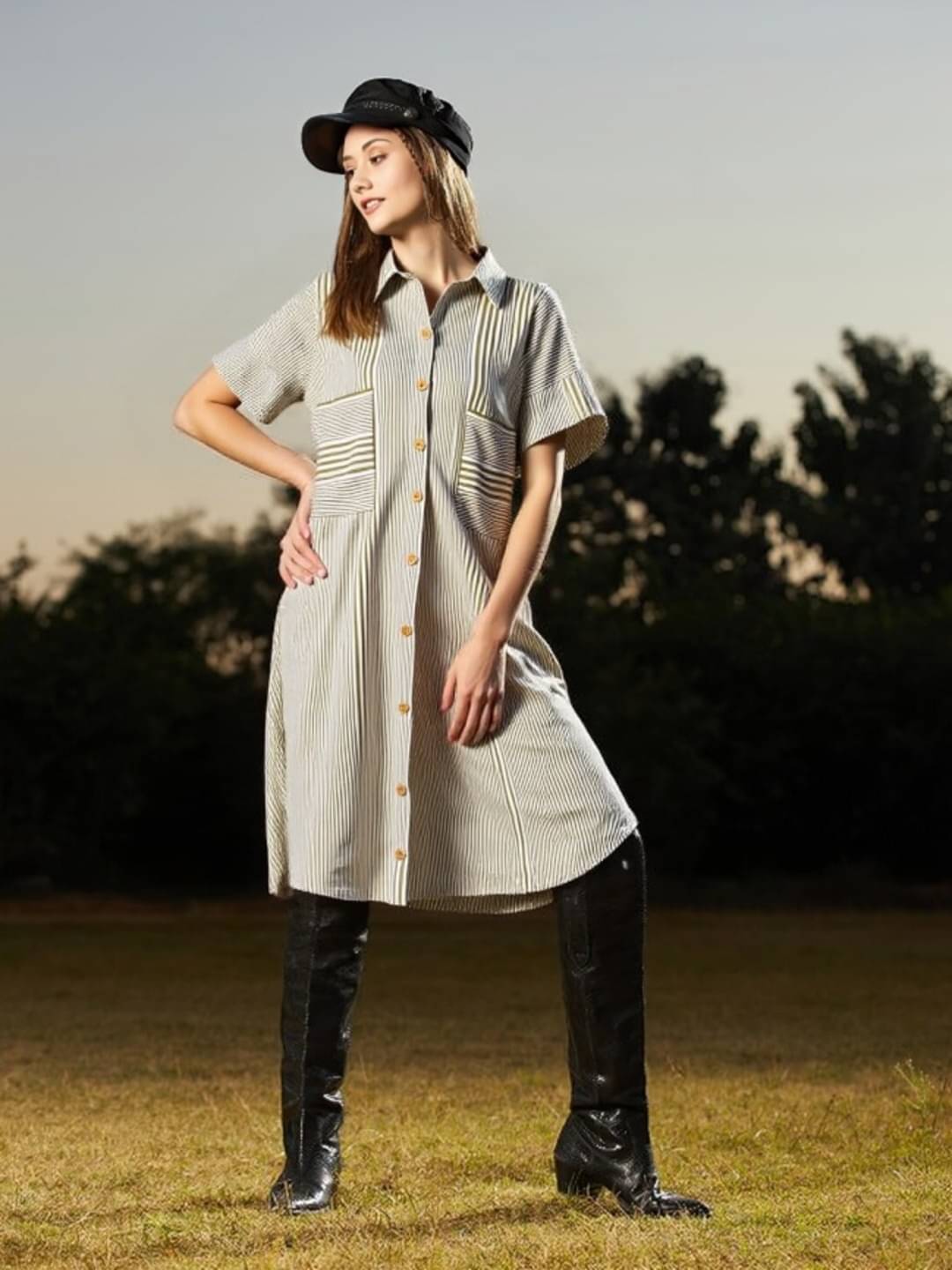     			THECLASSICTOGS Women Cotton Blend Striped Shirt Dress ( Grey )