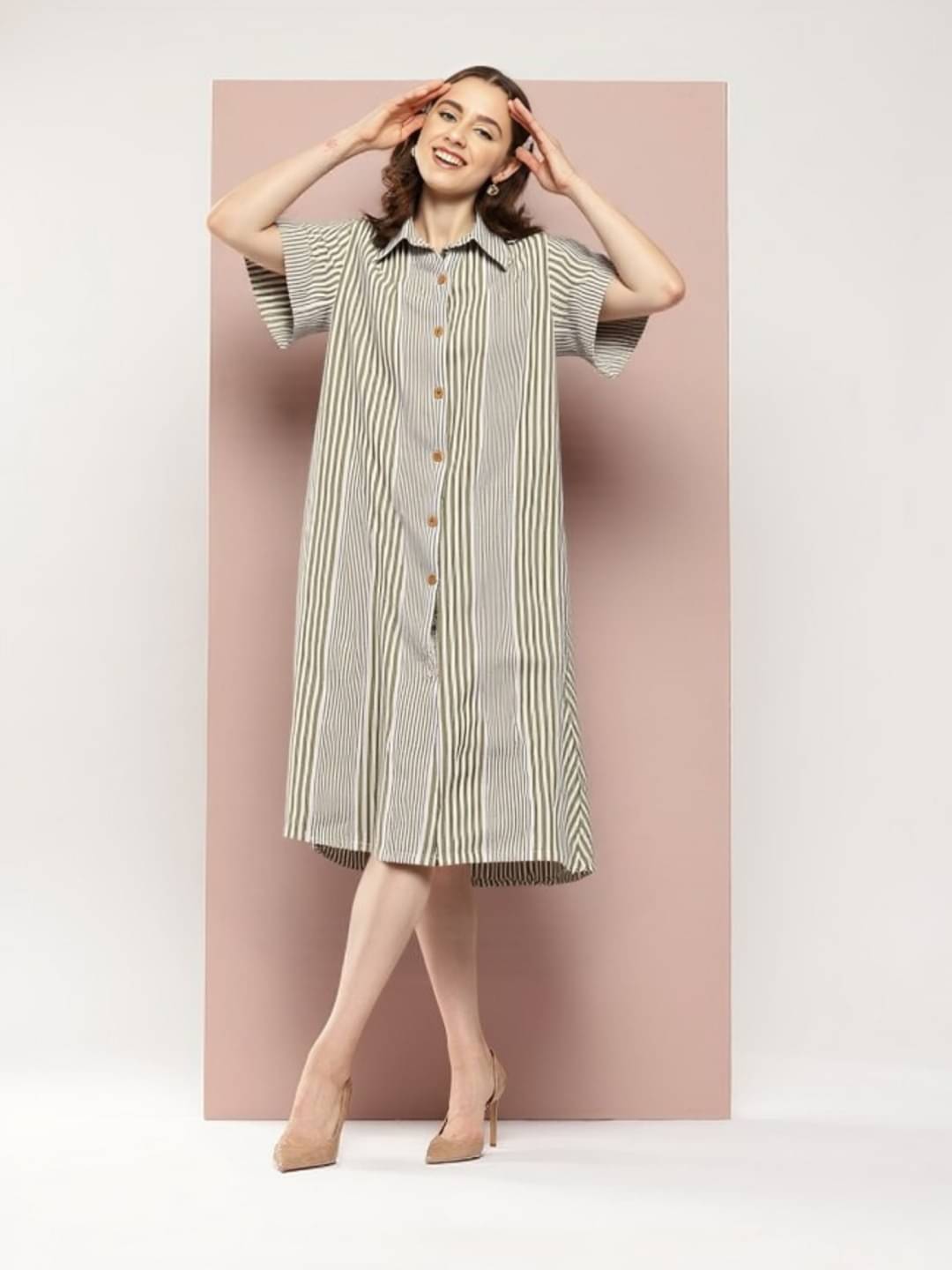     			THECLASSICTOGS Women Cotton Blend Striped Shirt Dress ( Grey )