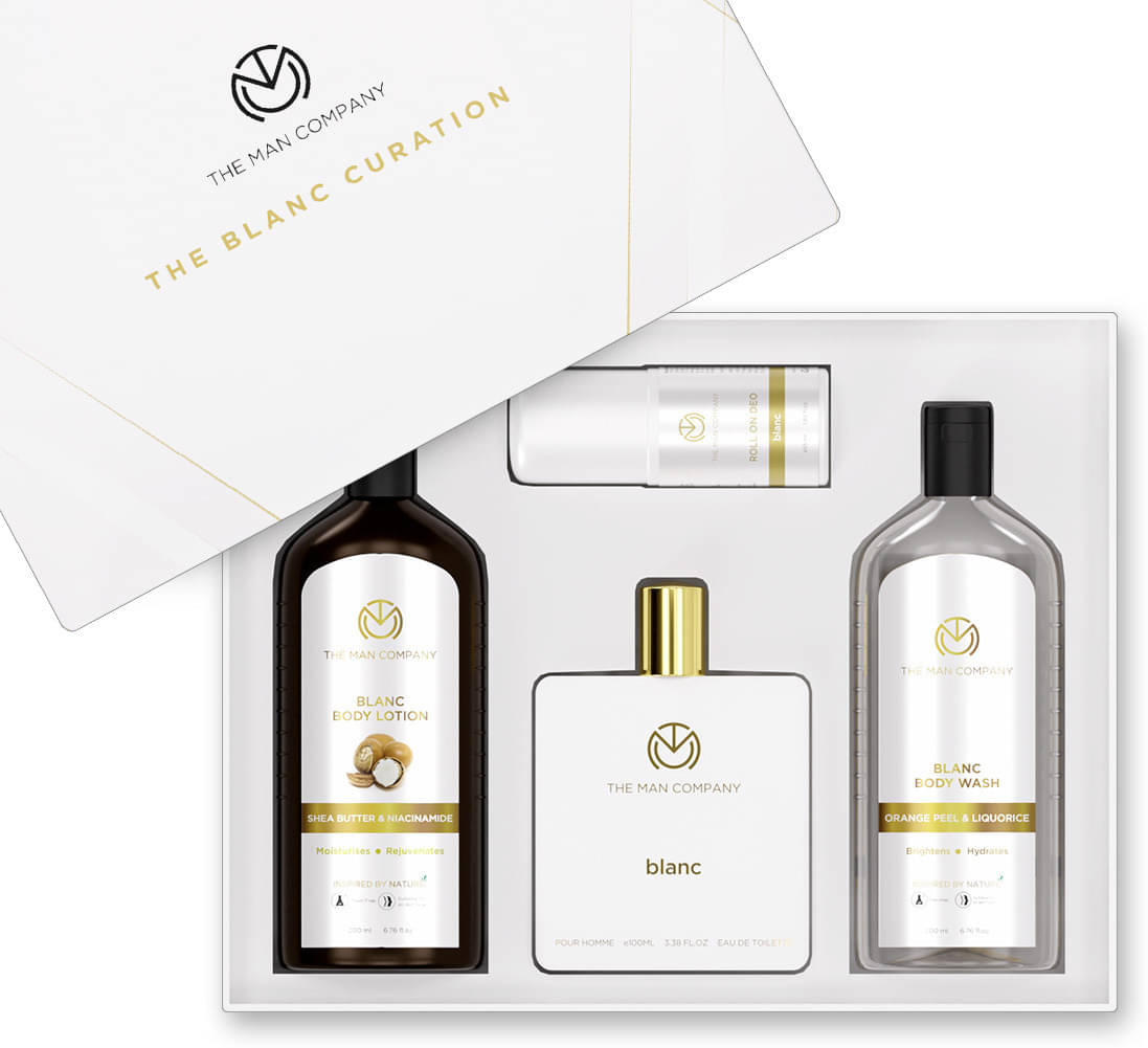 The Man Company Blanc Gift Set for Men with Blanc Perfume, Body Lotion, Body Wash, Roll On Deo | Premium Long-Lasting Fragrance The Man Company Blanc Gift Set for Men with Blanc Perfume, Body Lotion, Body Wash, Roll On Deo | Premium Long-Lasting Fragrance