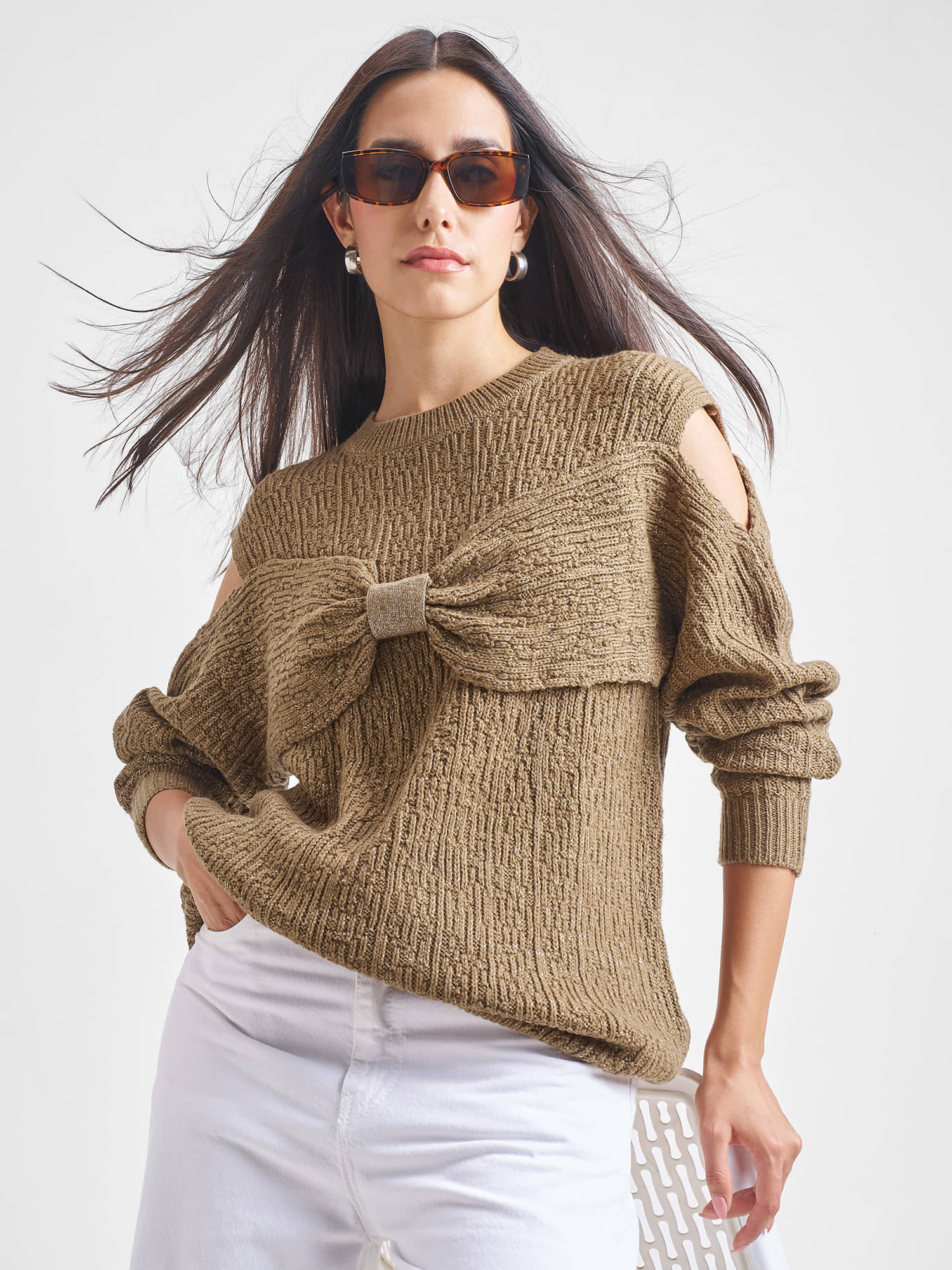 Tokyo Talkies Women Acrylic Round Neck Pullover ( Brown )
