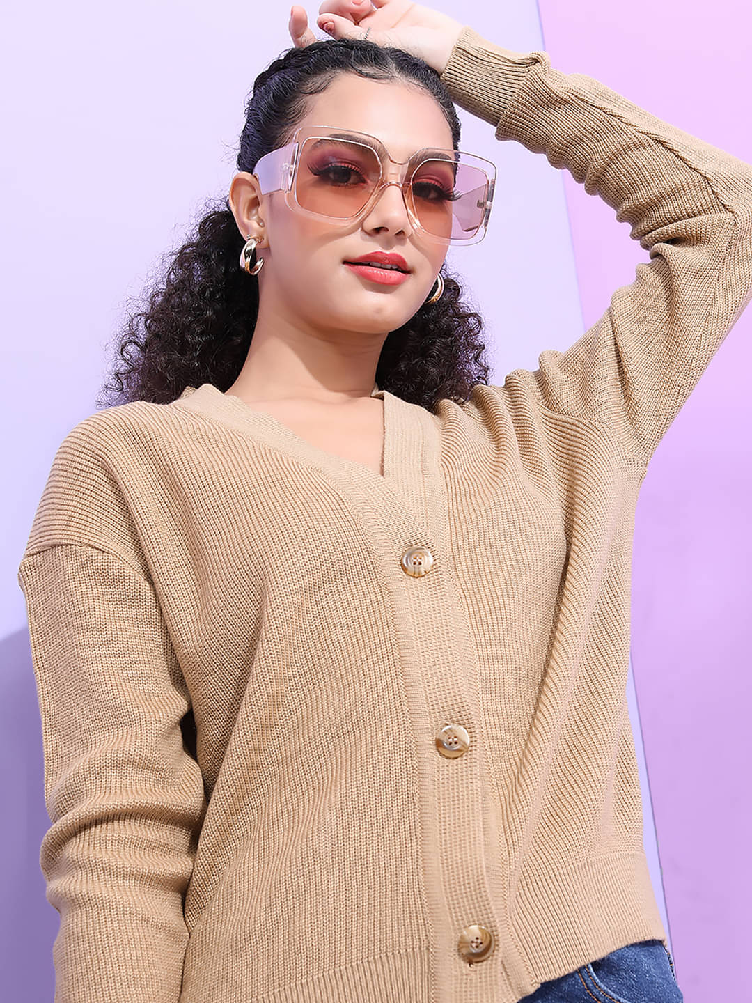 Tokyo Talkies Women Acrylic V-Neck Pullover ( Beige )     			Tokyo Talkies Women Acrylic V-Neck Pullover ( Beige )