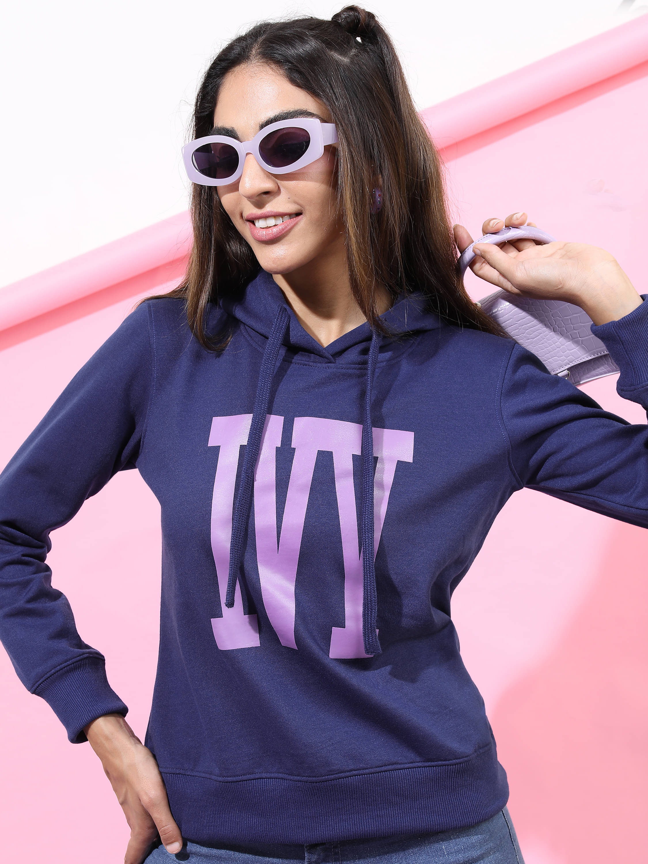     			Tokyo Talkies Cotton Blend Women's Hooded Sweatshirt ( Navy )