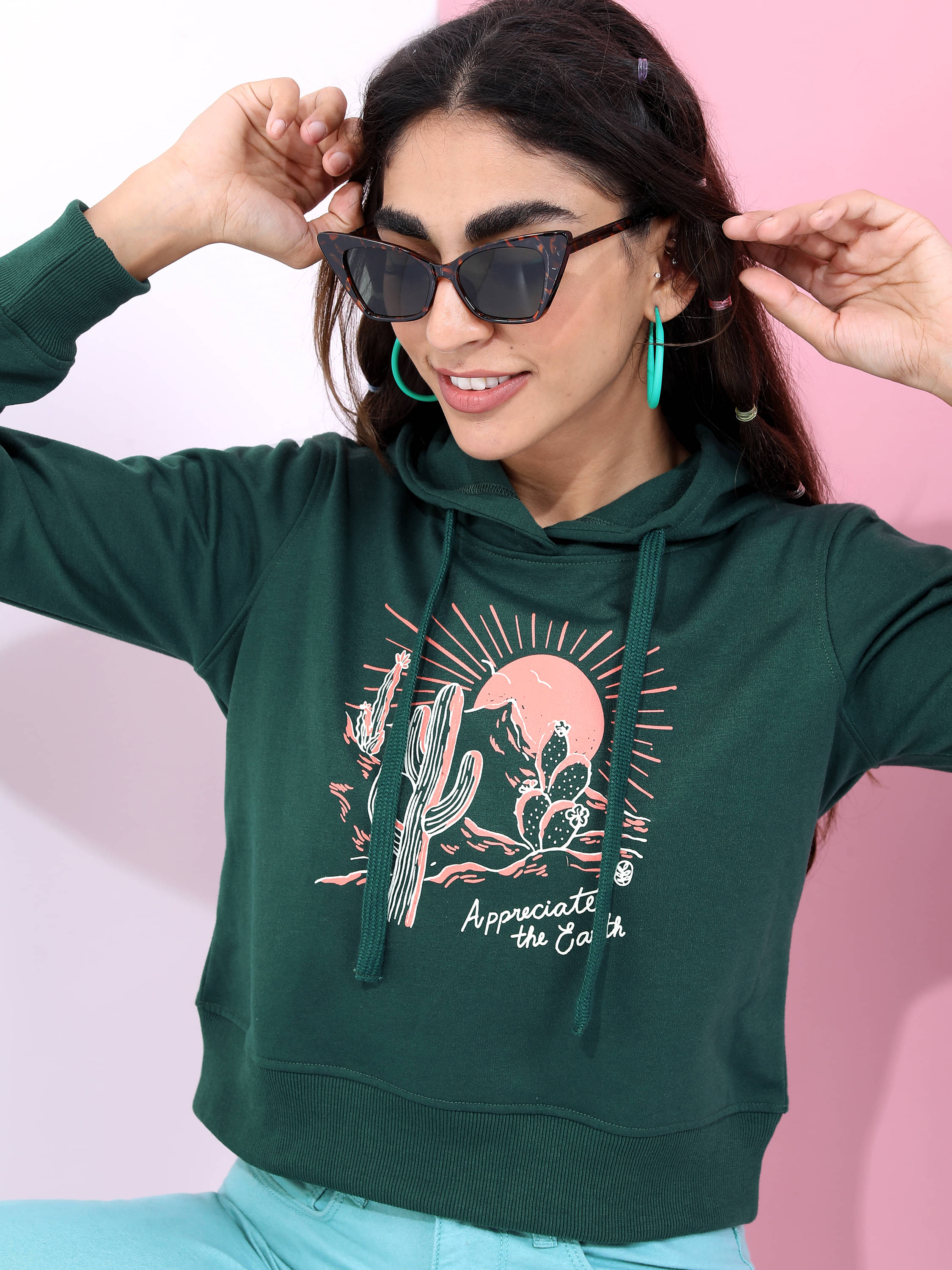     			Tokyo Talkies Cotton Blend Women's Hooded Sweatshirt ( Green )