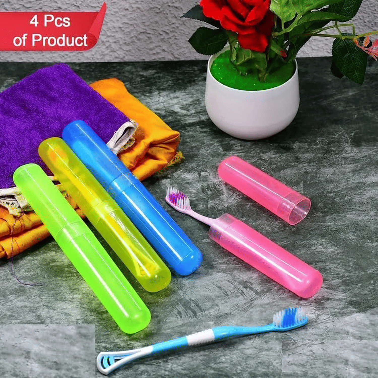     			Toothbrush Holder 4 Pc - Plastic Anti-Bacterial Travel Protectors for Oral Care - Portable Brush Holder for Bathroom Wall, Trip & Travel - Multicolor Toothbrush Case Box & Cover Container Set