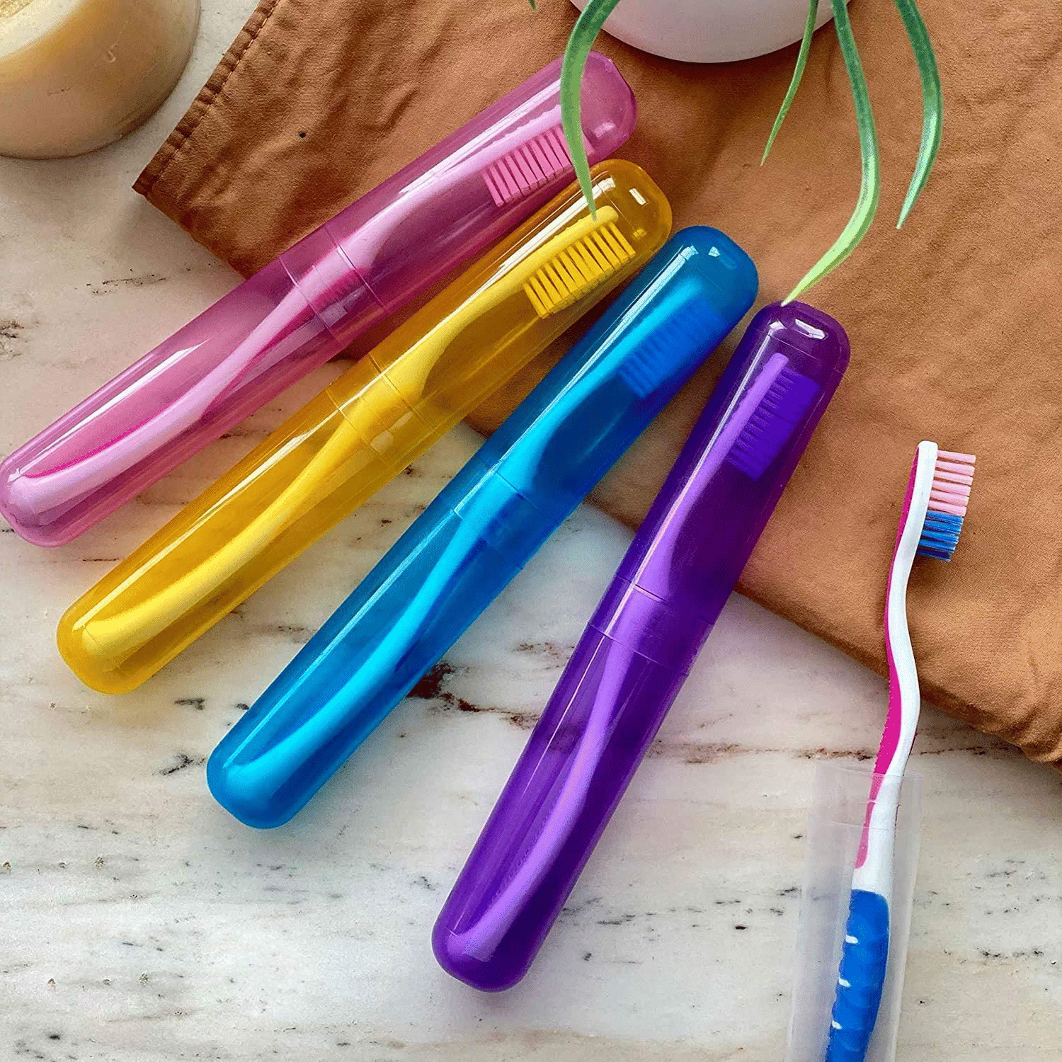 Toothbrush Holder 4 Pc - Plastic Anti-Bacterial Travel Protectors for Oral Care - Portable Brush Holder for Bathroom Wall, Trip & Travel - Multicolor Toothbrush Case Box & Cover Container Set
