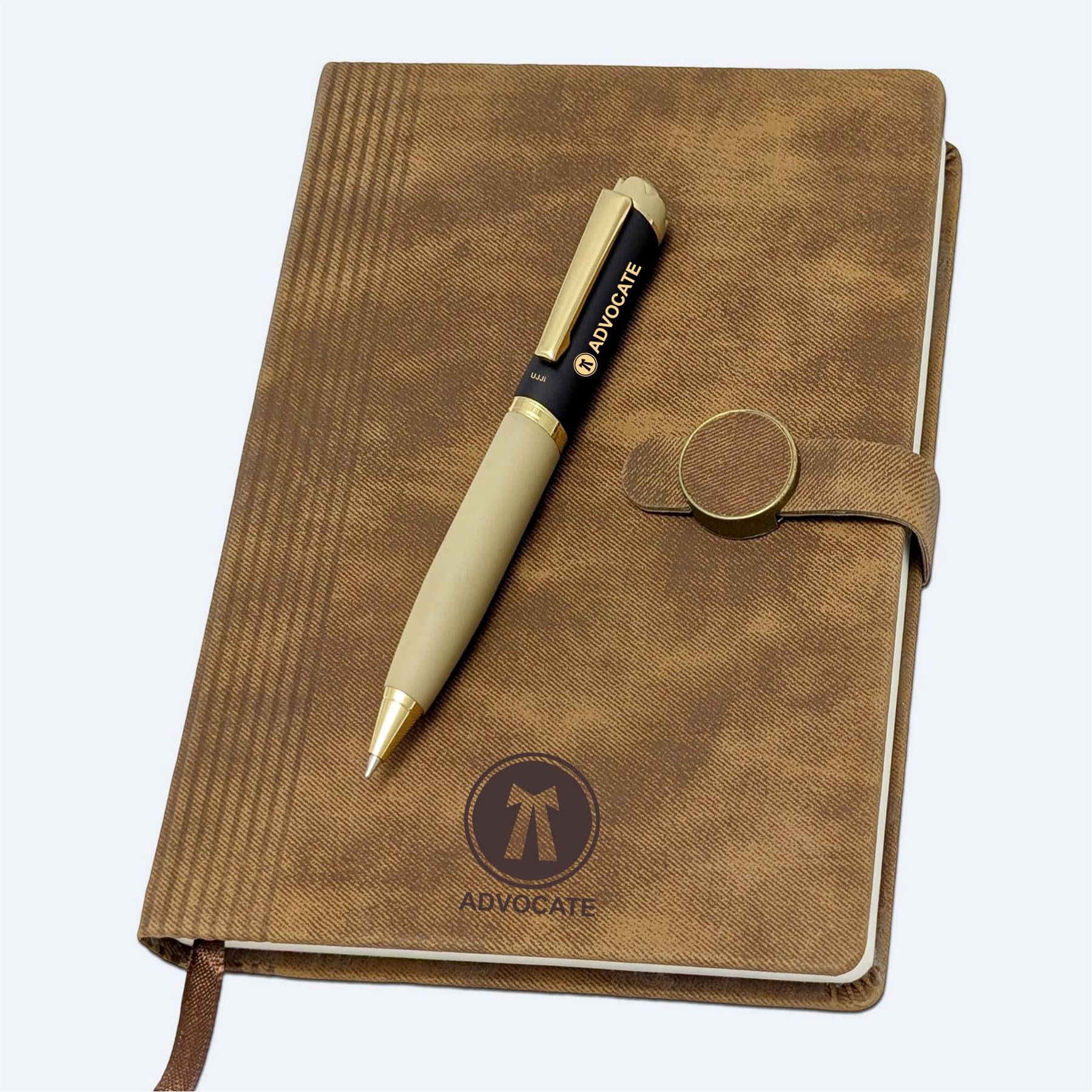     			UJJi Advocate Premium Fabric Like PU Leather Notebook with Gold-Accented Pen, Brown, Professional Journal with Snap Closure
