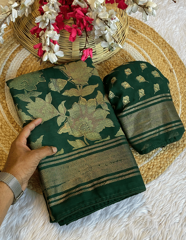     			VAANISRI Georgette Printed Regular Saree With Unstitched Blouse Piece ( Green )