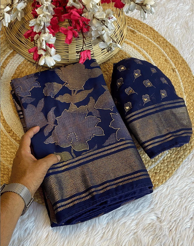 VAANISRI Georgette Printed Regular Saree With Unstitched Blouse Piece ( Blue ) VAANISRI Georgette Printed Regular Saree With Unstitched Blouse Piece ( Blue )
