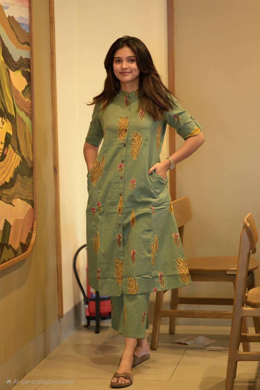 YAGNIK FASHION Women Cotton Blend Printed A-line Kurti With Pants ( Green )
