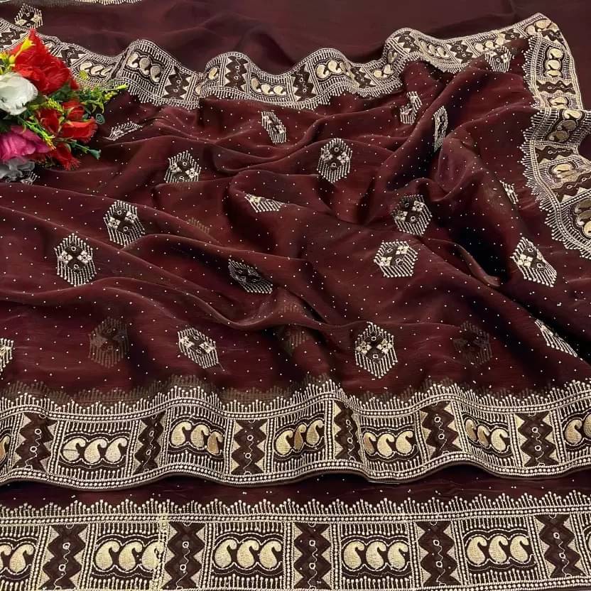     			varutex Organza Embellished Regular Saree With Unstitched Blouse Piece ( Brown )