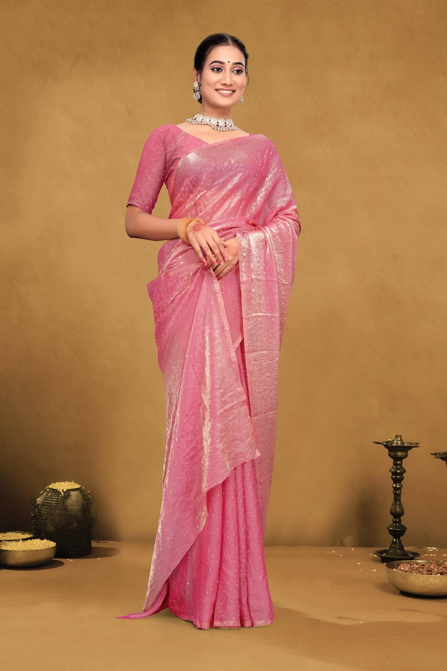     			Aika Satin Embroidered Regular Saree With Unstitched Blouse Piece ( Rose Gold )