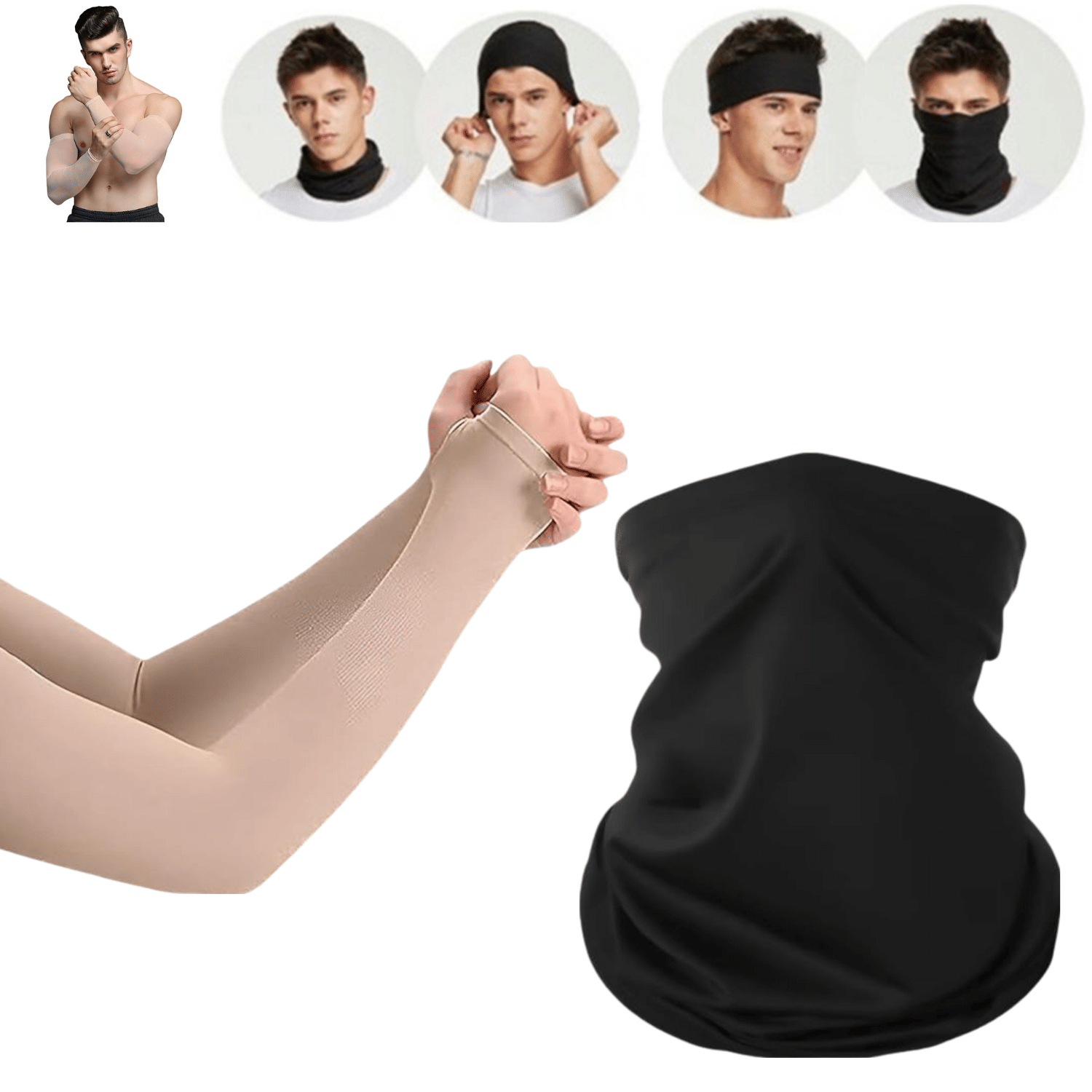 Aksmit Combo Bandana Black Motorcycle Face Mask And Arm Sleeve Beige for Men and Women
