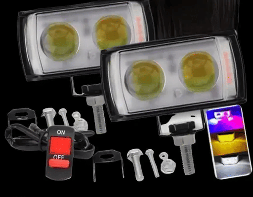     			Aksmit Ultra Mini Double Lens Fog Lights – 45W 12V LED – Yellow & White Flashing Light with Red & Blue DRL – Pack of 2  With Switch for Universal for Bike