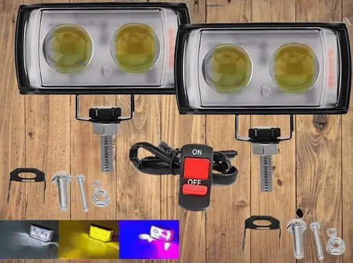     			Aksmit Ultra Mini Double Lens Fog Lights – 45W 12V LED – Yellow & White Flashing Light with Red & Blue DRL – Pack of 2  With Switch for Universal for Bike