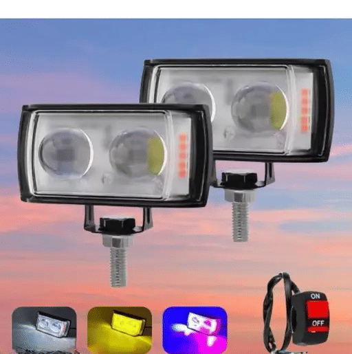     			Aksmit Ultra Mini Double Lens Fog Lights – 45W 12V LED – Yellow & White Flashing Light with Red & Blue DRL – Pack of 2  With Switch for Universal for Bike