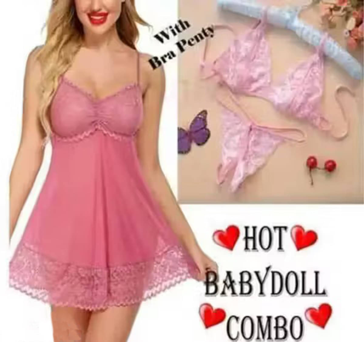     			BOB BOM Light Pink Net Women Baby Doll Dress With Panty