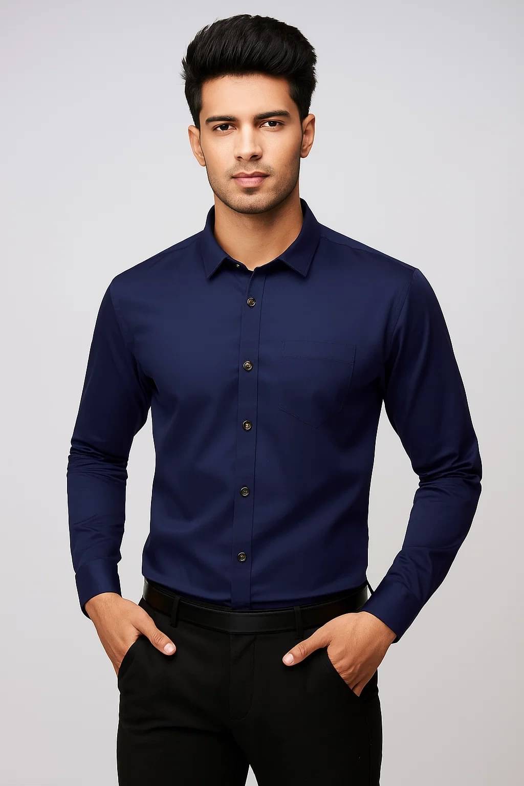 CROWNTAIL Cotton Blend Regular Fit Solids Full Sleeves Men's Casual Shirt - Navy Blue ( Pack of 1 ) CROWNTAIL Cotton Blend Regular Fit Solids Full Sleeves Men's Casual Shirt - Navy Blue ( Pack of 1 )