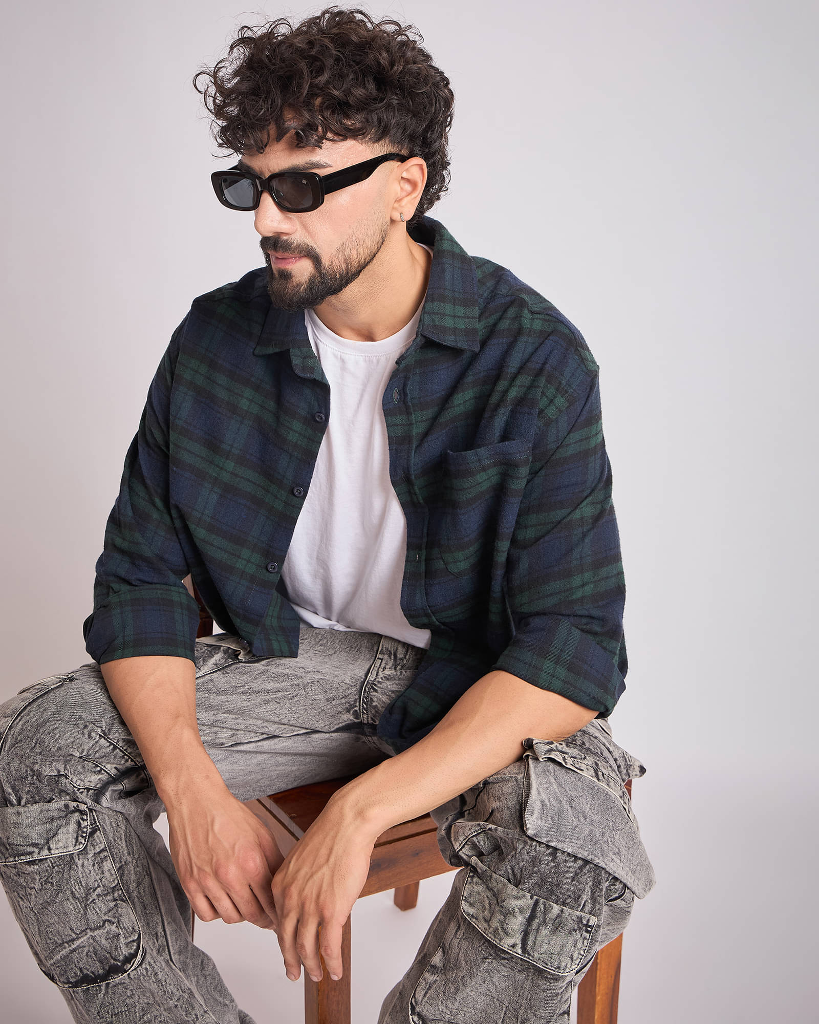     			Chimpaaanzee Cotton Blend Oversized Fit Checks Full Sleeves Men's Casual Shirt - Navy ( Pack of 1 )