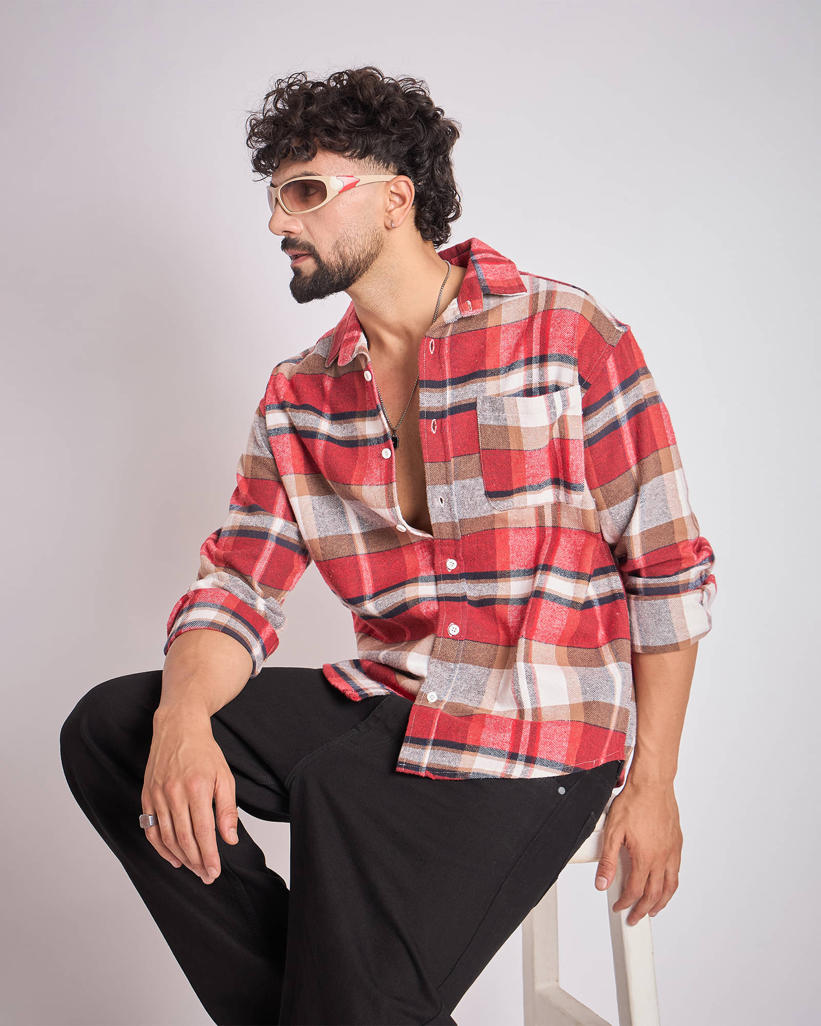     			Chimpaaanzee Cotton Blend Oversized Fit Checks Full Sleeves Men's Casual Shirt - Red ( Pack of 1 )