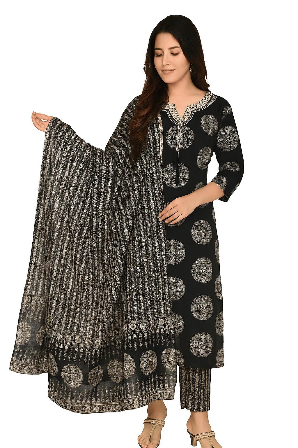     			Daughters Enterprise Women Cotton Printed Straight Kurti With Pants ( Black )