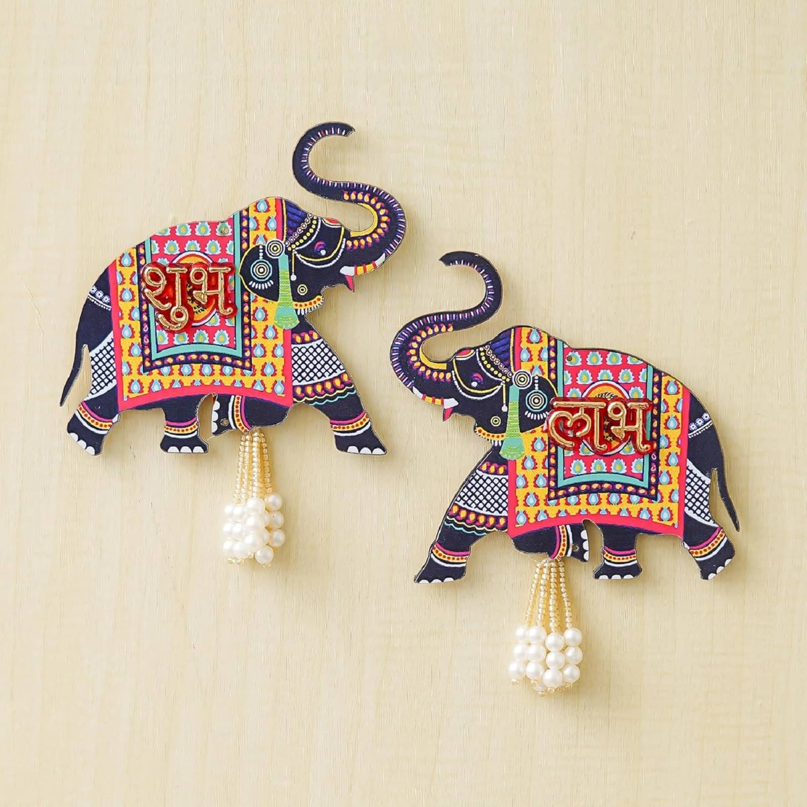     			Decorative Elephant Subh Labh Wall Hanging with Pearl Tassels, Traditional Indian Design, 01 Pair
