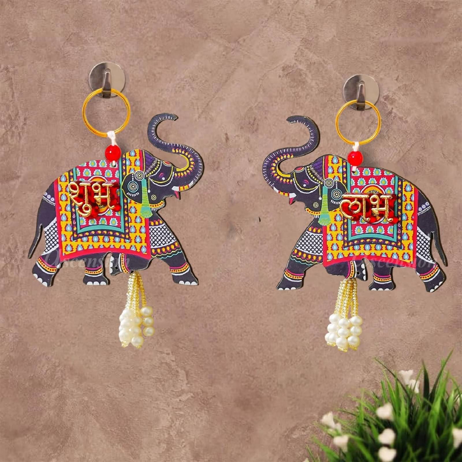 Decorative Elephant Subh Labh Wall Hanging with Pearl Tassels, Traditional Indian Design, 01 Pair Decorative Elephant Subh Labh Wall Hanging with Pearl Tassels, Traditional Indian Design, 01 Pair