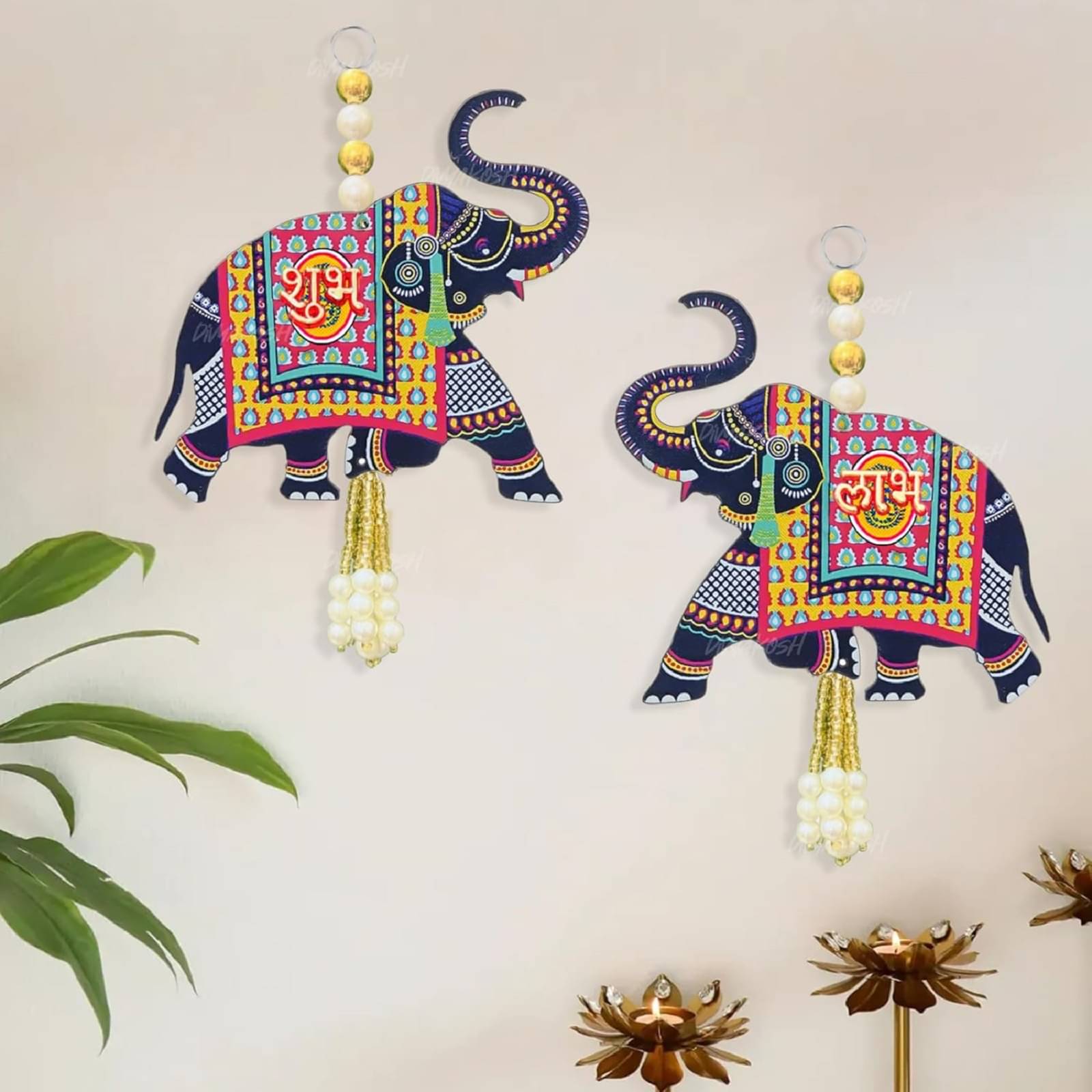 Decorative Elephant Subh Labh Wall Hanging with Pearl Tassels, Traditional Indian Design, 02 Pair Decorative Elephant Subh Labh Wall Hanging with Pearl Tassels, Traditional Indian Design, 02 Pair