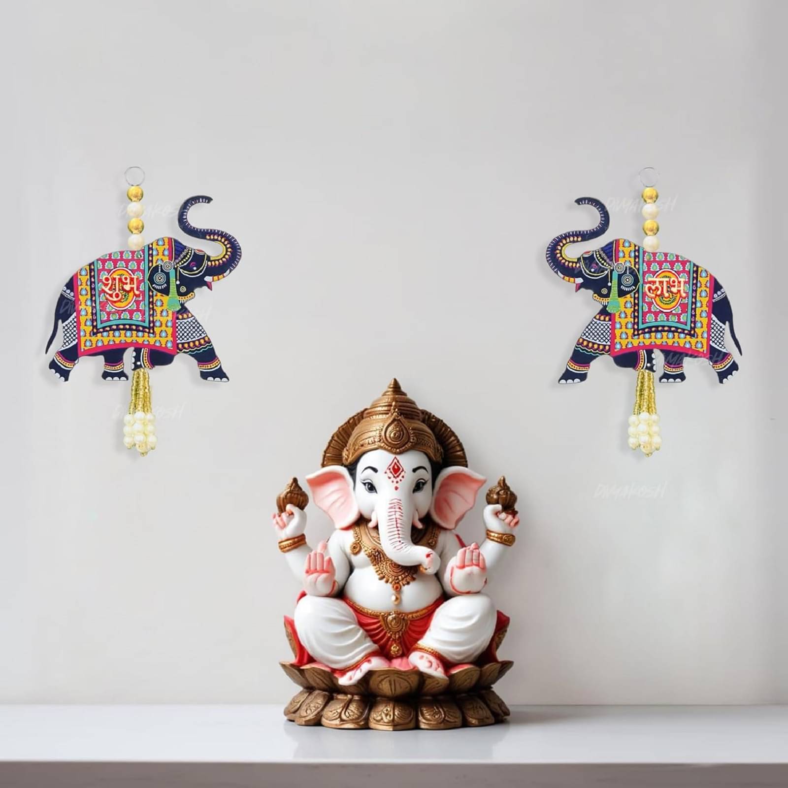 Decorative Elephant Subh Labh Wall Hanging with Pearl Tassels, Traditional Indian Design, 02 Pair Decorative Elephant Subh Labh Wall Hanging with Pearl Tassels, Traditional Indian Design, 02 Pair