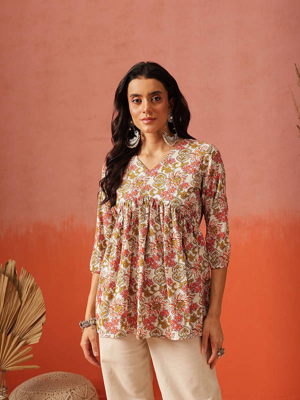 Fembliss Women Cotton Embroidered Flared Kurti ( Multicolor1 ) Fembliss Women Cotton Embroidered Flared Kurti ( Multicolor1 )