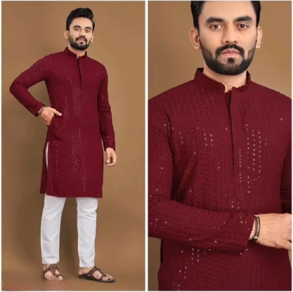 Gazal Fashions Cotton Blend Embroidered Regular Kurta For Men ( Maroon ) - Kurtas & Kurta Sets | Buy online on ZillyBuy