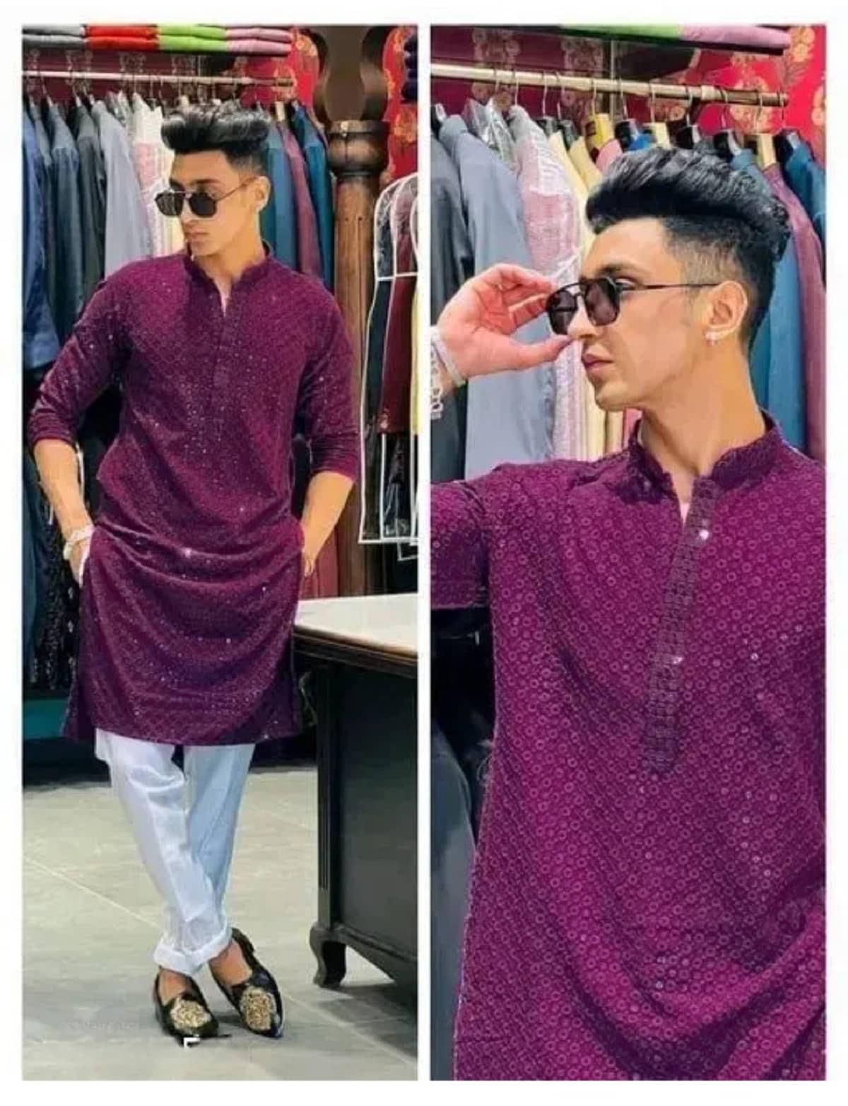 Gazal Fashions Cotton Blend Embroidered Regular Kurta For Men ( Purple ) - Kurtas & Kurta Sets | Buy online on ZillyBuy
