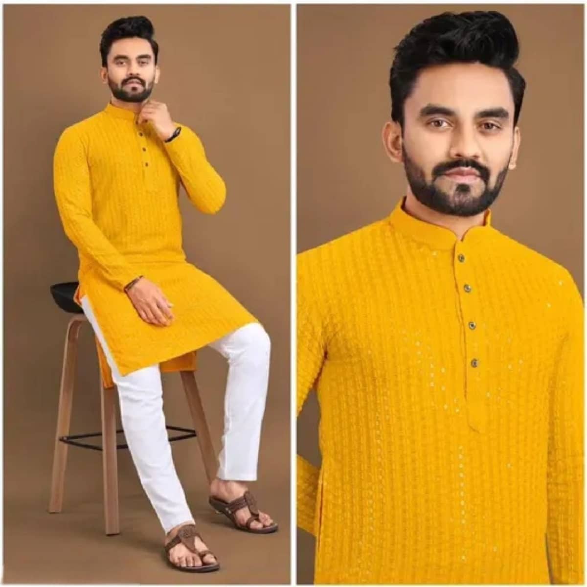 Gazal Fashions Cotton Blend Embroidered Regular Kurta For Men ( Yellow ) - Kurtas & Kurta Sets | Buy online on ZillyBuy